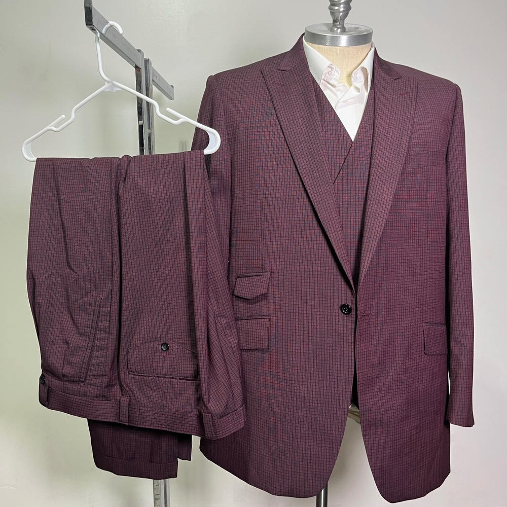 Tiglio Rosso 3-Piece Suit Mens 48L 43x30 Burgundy Micro-Check Super 150s Wool